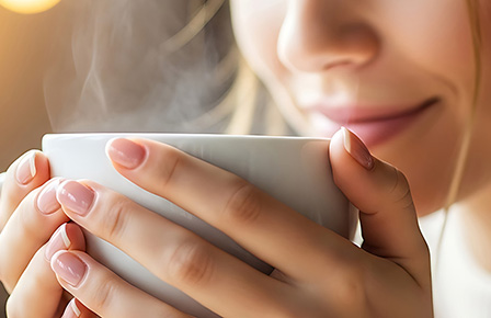Frau hält eine Tasse vor ihren Mund